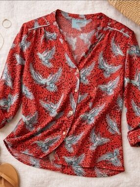 POM Amsterdam x Katja Cupro Bird Print Blouse Sz 1 EUC Hidden Placket MOP Button